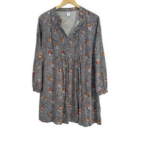 Old Navy Grey White Floral Multicolor Pintuck Long Sleeve Swing Dress Large